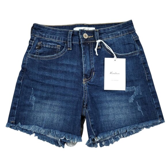 Kancan Dark Wash Blue High Rise Fray Hem Jean Denim Shorts Size 0 23 Stretch - Picture 1 of 6